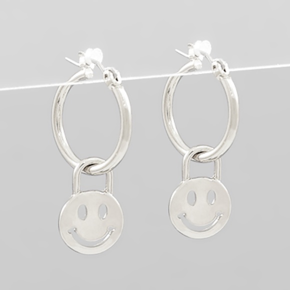 Smile Face Lock Dangle Hoops - Picture 1 of 1